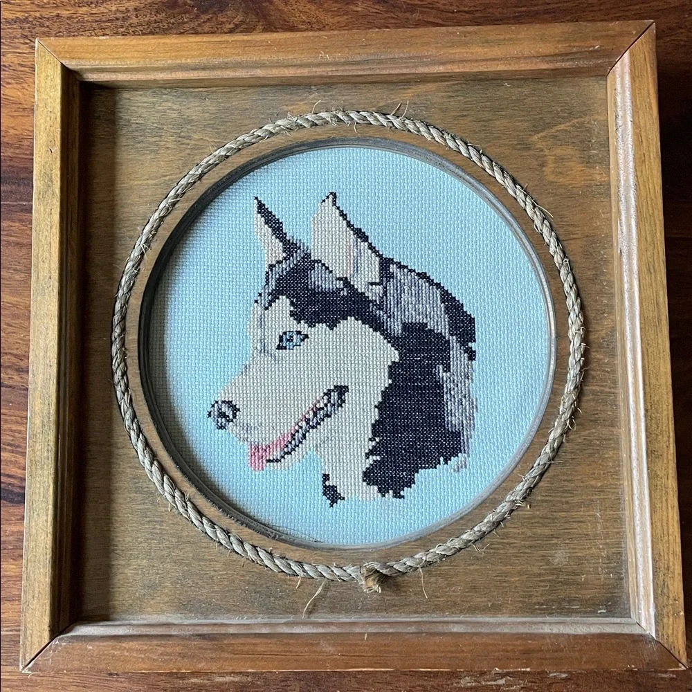 Siberian Husky Dog Completed Cross Stitch Solid Wood Vintage Framed Needlepoint - Picture 1 of 16